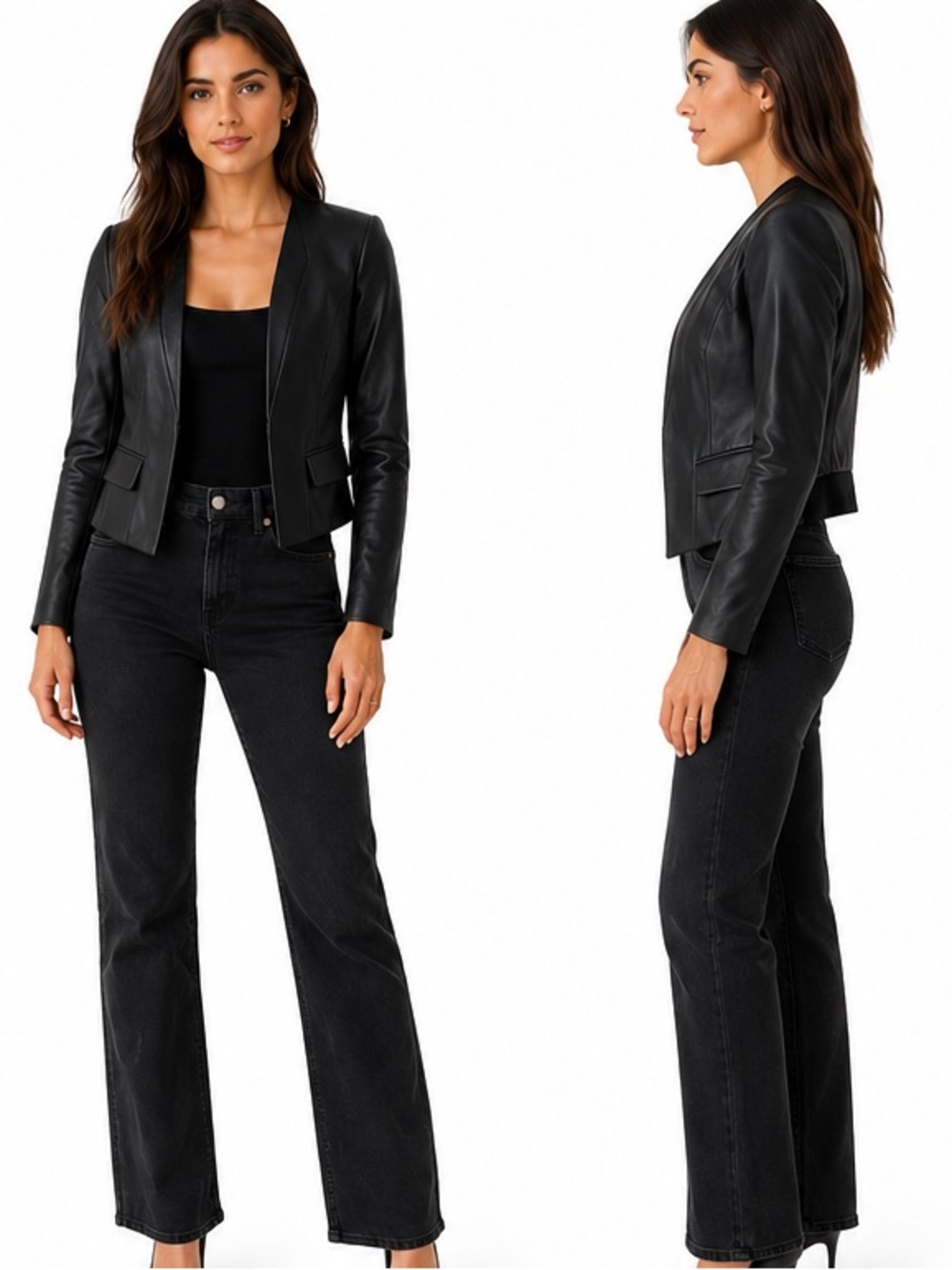 BCBGMAXAZRIA Black Faux Leather Open Front Cropped Jacket XXS